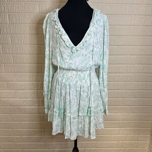House of Harlow 1960 Paisley Long Sleeve Ruffle Smocked Mini Dress Mint Green L